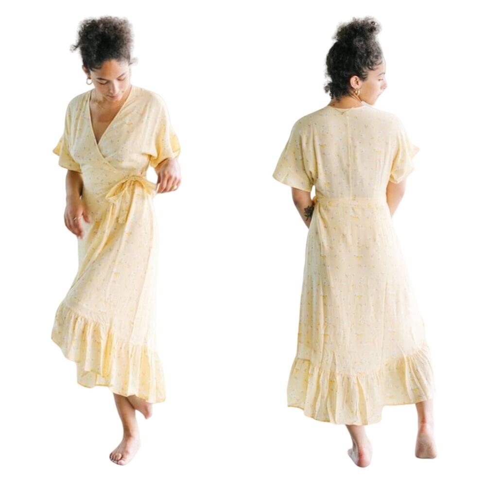 Rails Soft Yellow Floral Wrap Midi Dress